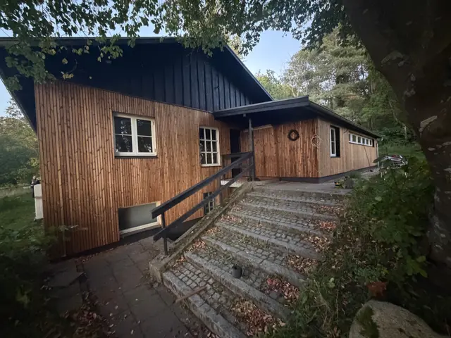 Trappe af granit op til indgangen på det træbeklædte hus