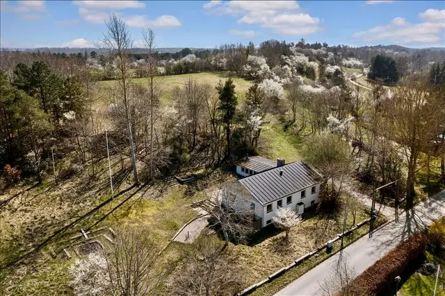 Luftfoto af huset omgivet af træer og marker