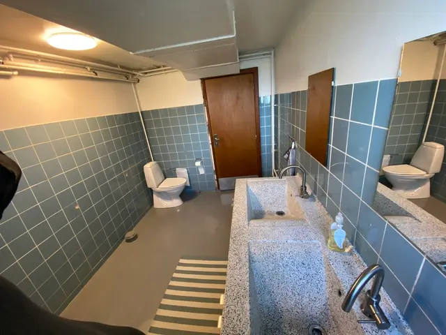 Toiletrum med flere toiletter og håndvaske