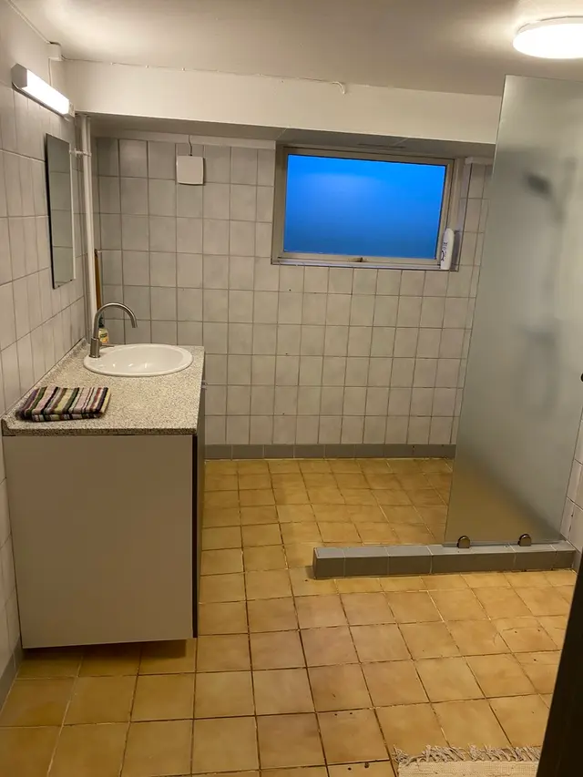 Badeværelse med håndvask og bruser